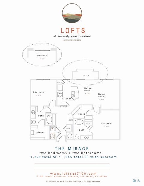 Floor plan for 2 beds, 2 baths, 1345 sqft